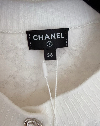 Chanel 23A Jacquard Short-Sleeve Pocket Cardigan White FR 38