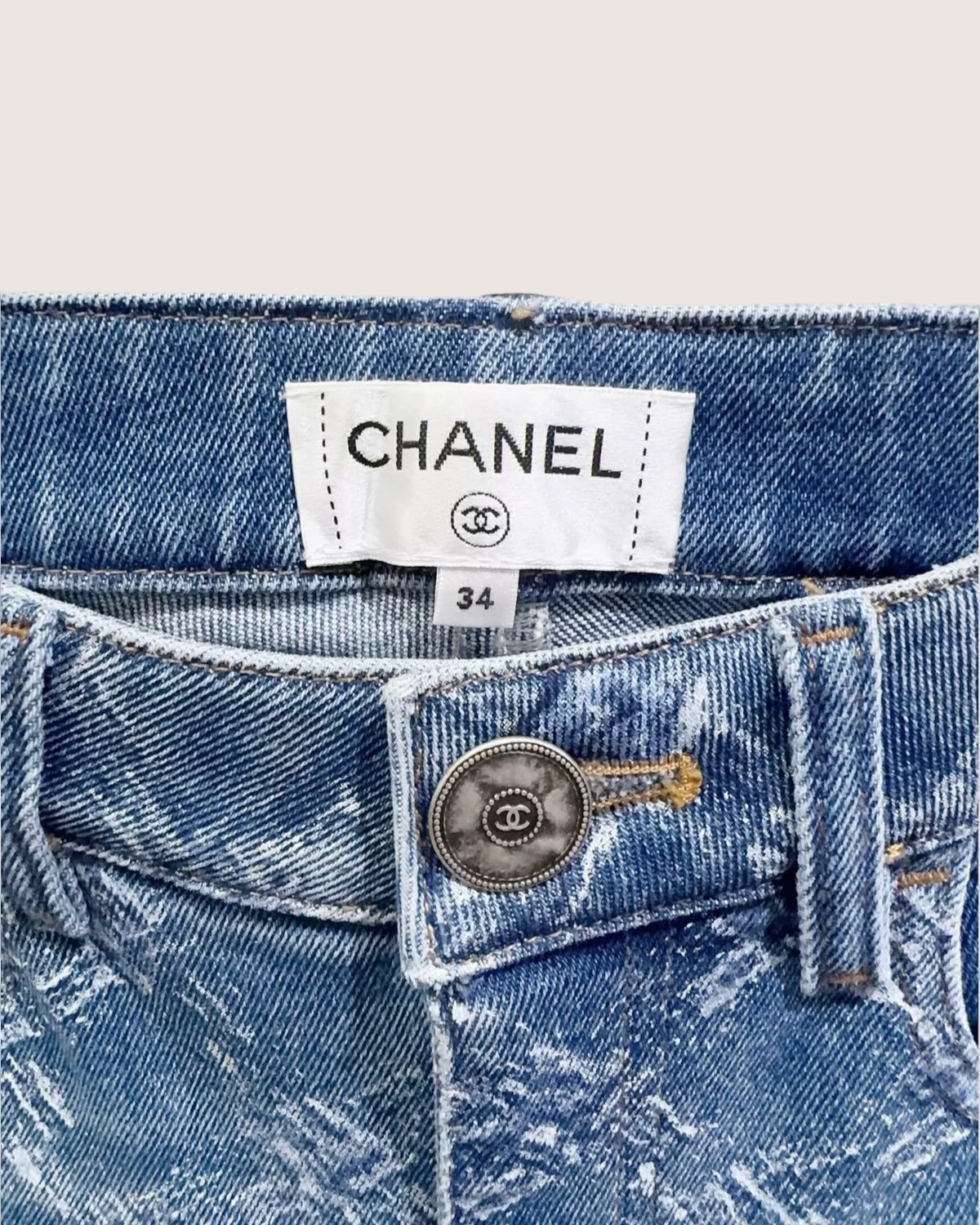 Chanel 19A Logo-Print Skinny Denim Jeans Blue, White FR 34