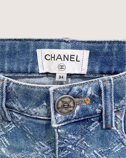 Chanel 19A Logo-Print Skinny Denim Jeans Blue, White FR 34