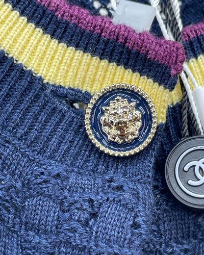 Chanel 26C Cashmere Openwork Cardigan Navy, Yellow, Purple FR 38