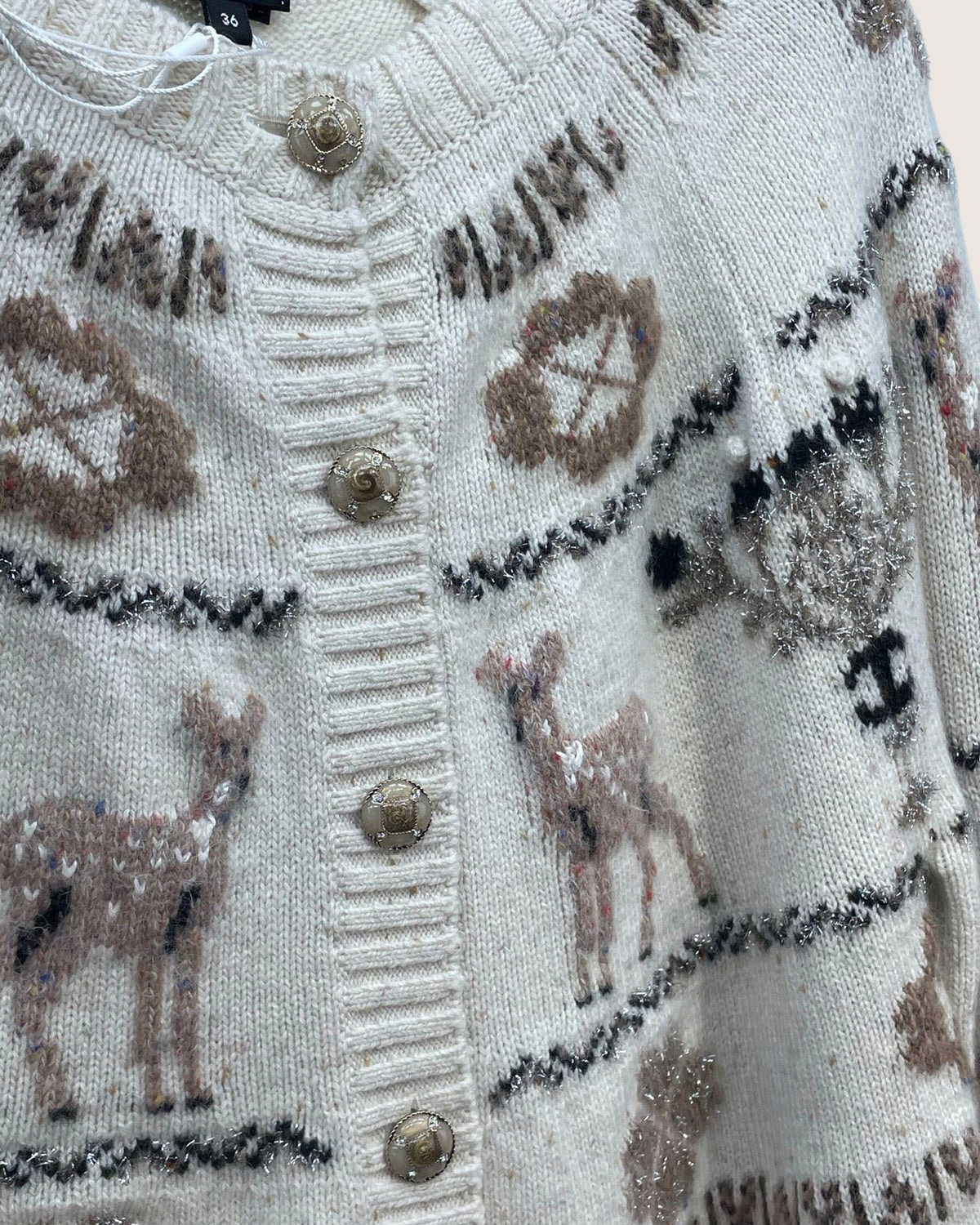 Chanel 25N Coco Neige Cashmere Deer Cardigan Beige/Ecru, Brown, Gold FR 36
