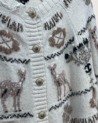 Chanel 25N Coco Neige Cashmere Deer Cardigan Beige/Ecru, Brown, Gold FR 36