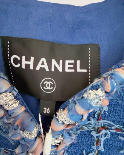 Chanel 23C Tweed Fringe Four-Pocket Jacket Blue, Multicolor FR 36