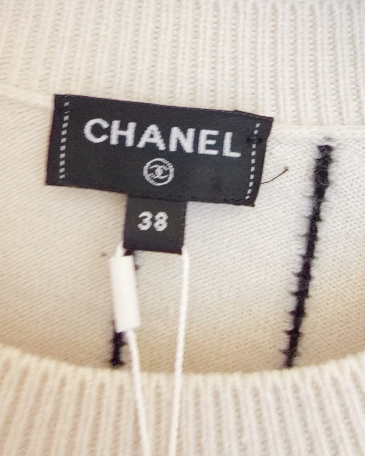 Chanel 23P Cashmere Striped Logo Sweater White, Black FR 38