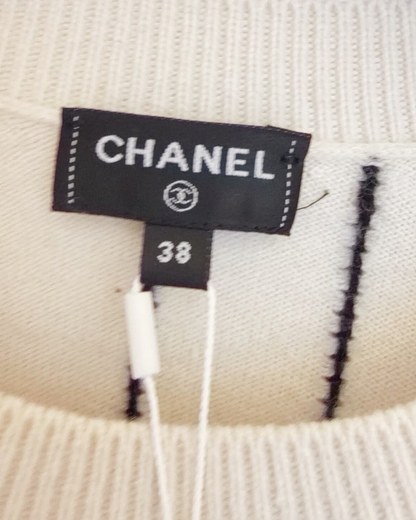 Chanel 23P Cashmere Striped Logo Sweater White, Black FR 38