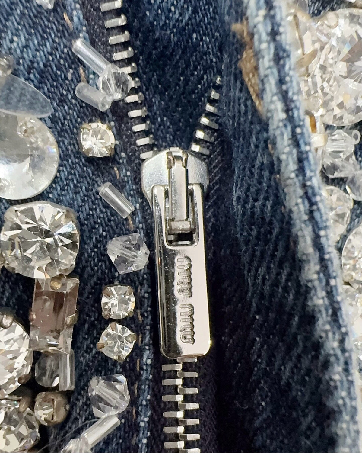 Miu Miu Crystal-Embellished Denim Mini Skirt Blue, Silver FR 40