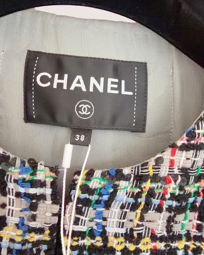 Chanel 23C Sequin Tweed Cropped Jacket Black, Grey, Blue, Multicolor FR 38