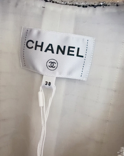 Chanel 24C Checked Shirt-Cuff Tweed Jacket White, Black, Gold FR 38