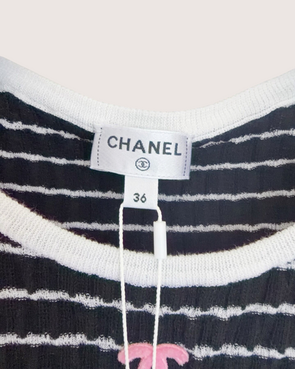 Chanel 24P CC Striped T-Shirt Black, White, Pink FR 36