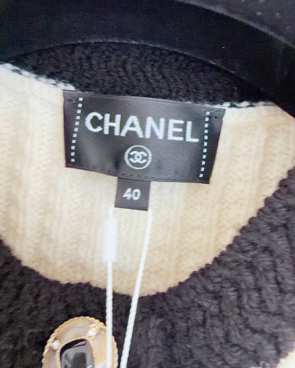 Chanel 25N Coco Neige Wool Ski Contrast-Trim Cardigan Beige/Ecru, Black FR 40