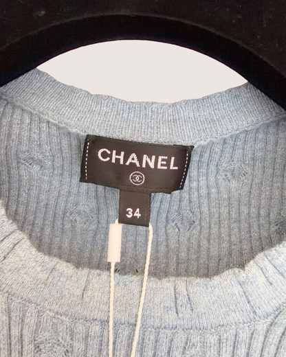 Chanel 25P CC Openwork Short-Sleeve Sweater Blue FR 34