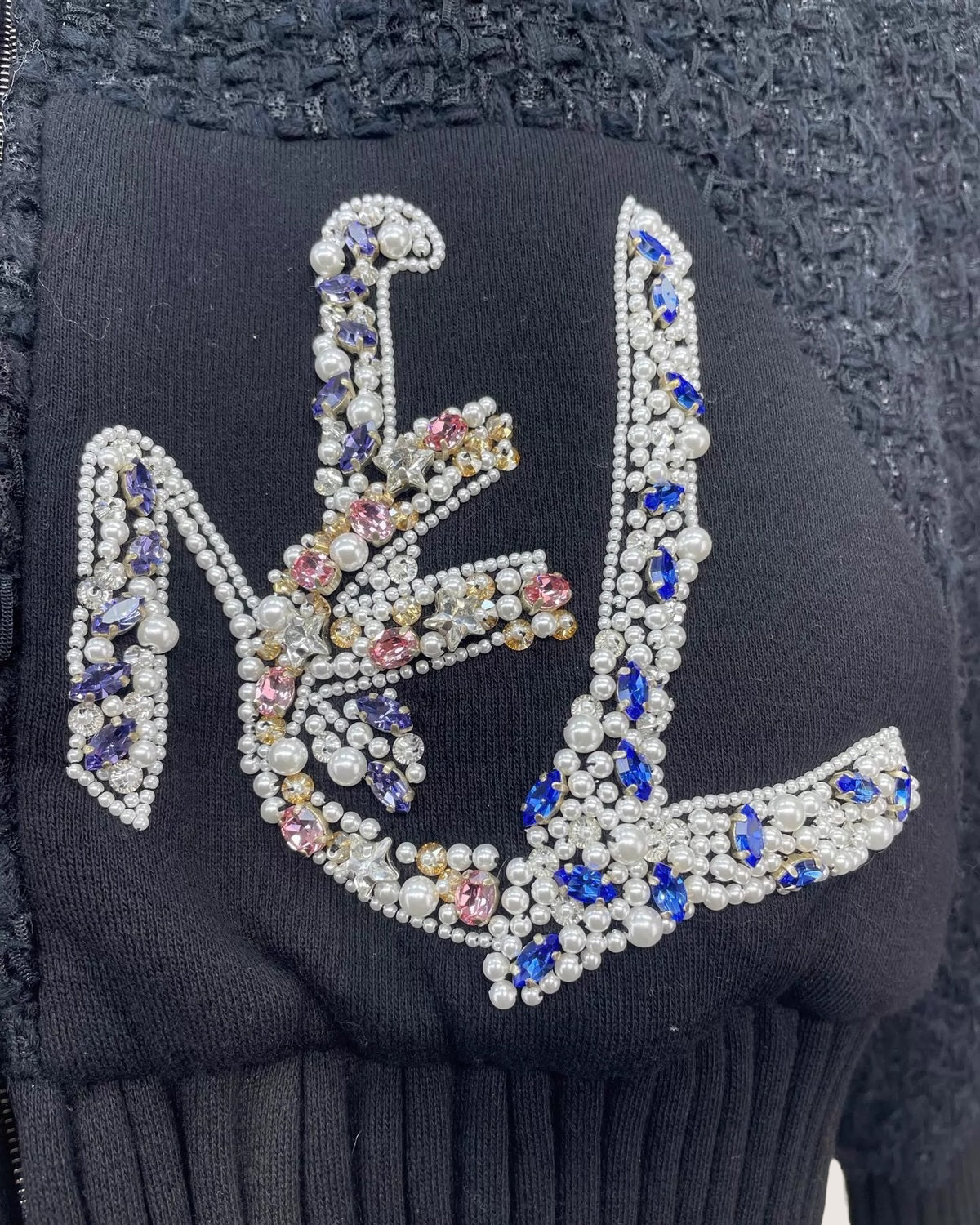 Chanel 22A Pearl & Crystal Embellished Logo Zip-Up Tweed Jacket Black FR 34