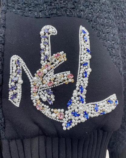 Chanel 22A Pearl & Crystal Embellished Logo Zip-Up Tweed Jacket Black FR 34