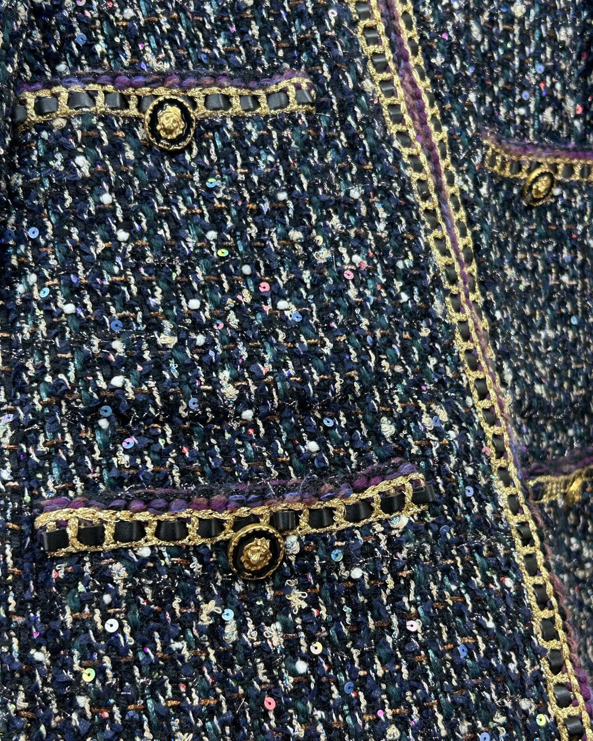 Chanel 21A Wool Sequin Tweed Jacket Navy, Gold, Multicolor FR 38