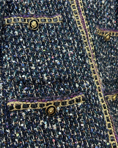 Chanel 21A Wool Sequin Tweed Jacket Navy, Gold, Multicolor FR 38