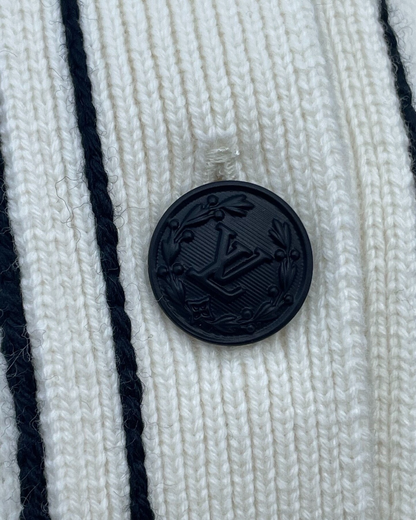 Louis Vuitton Cashmere Striped-Trim LV Logo Cardigan White, Navy FR 34