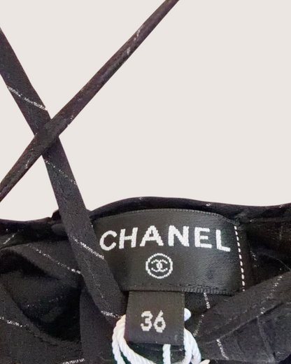 Chanel 23P Striped Crystal CC Camisole Top Black, Silver FR 36