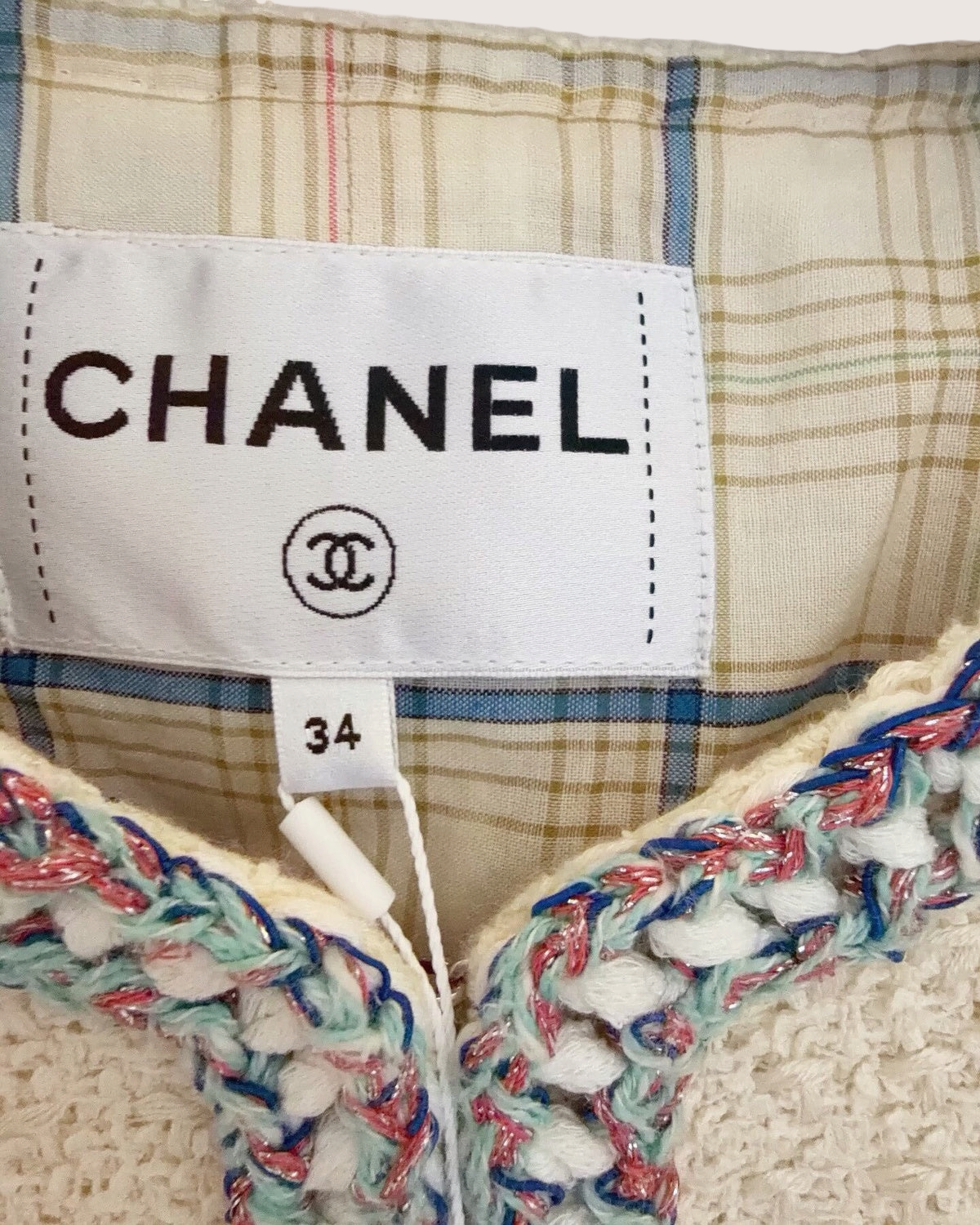 Chanel 20C Braided-Trim Tweed Jacket Beige/Ecru, Pink, Blue FR 34