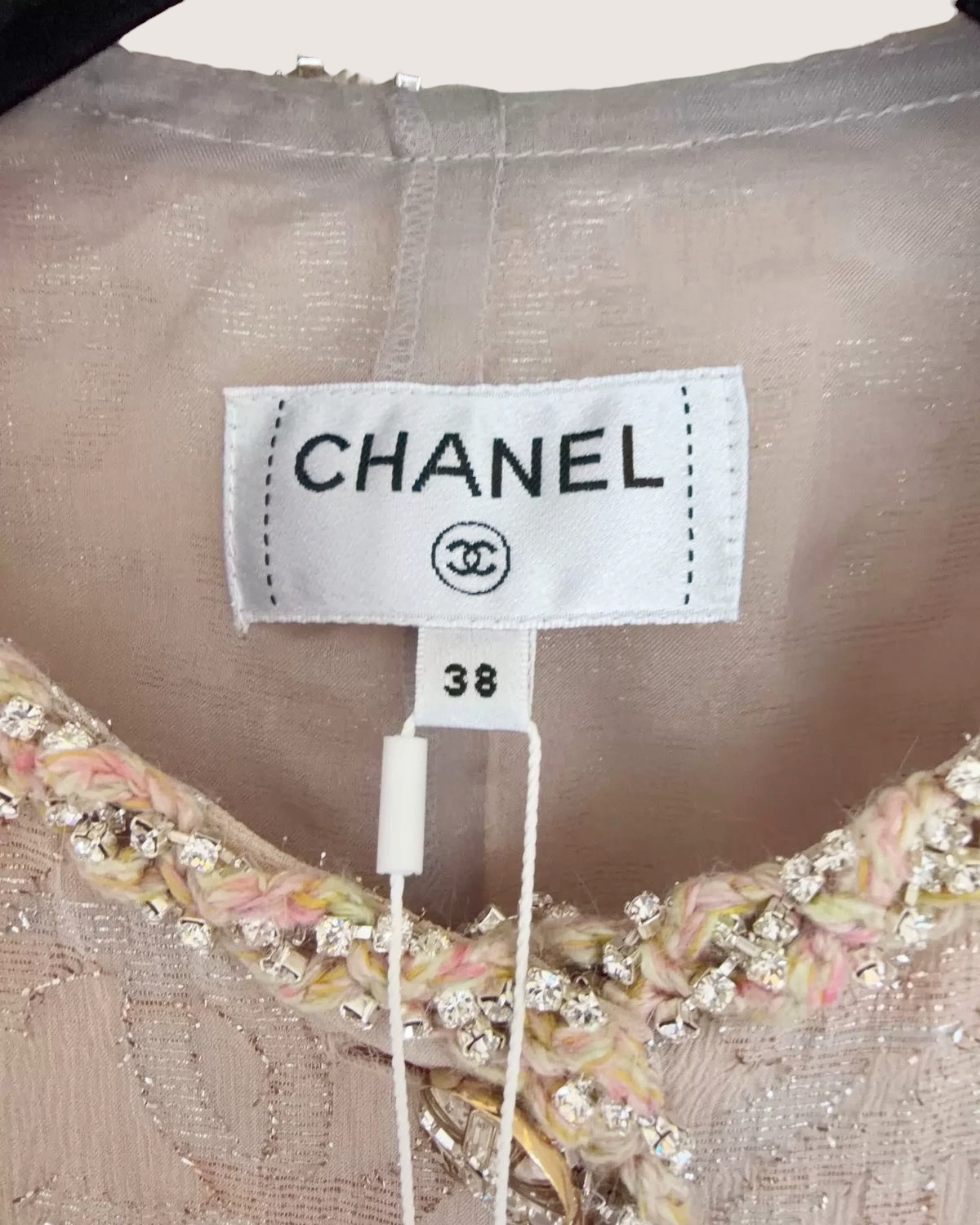 Chanel 23P Crystal-Trim Silk Coat Beige/Ecru, Pink FR 38