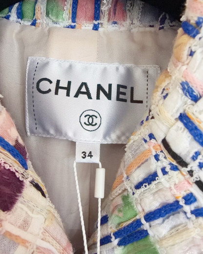 Chanel 18S Tweed Fringe Jacket Blue, Beige/Ecru, Multicolor FR 34