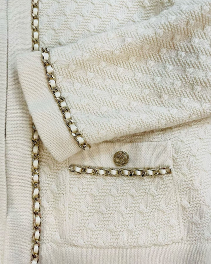Chanel 23B Cashmere Cropped Chain-Trim Cardigan Beige/Ecru FR 38