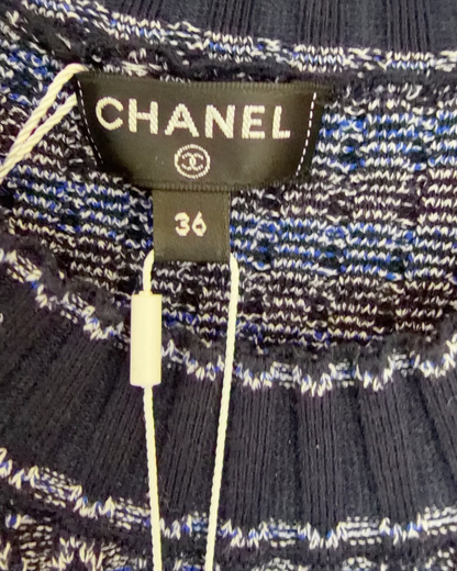 Chanel 20P Chevron Mid-Length Dress Navy, Blue, Beige/Ecru FR 36
