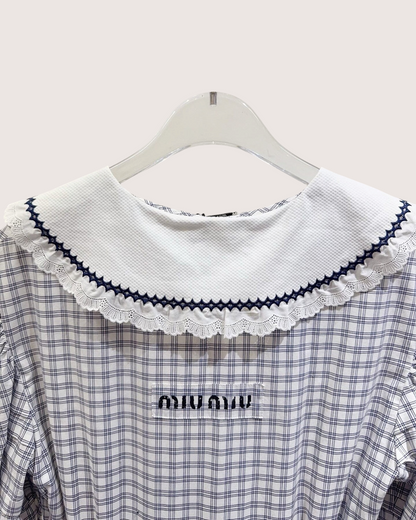 Miu Miu Checked Contrast-Collar Mid-Length Dress Blue, White, Navy IT 38