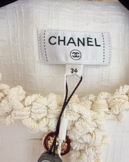 Chanel 26A Tweed Fringe-Trim Jacket White, Beige/Ecru FR 36