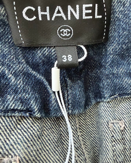 Chanel 25B Denim Wide-Leg Panelled Jeans Blue, Black, White FR 38