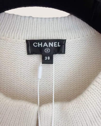 Chanel 20P Clover Cashmere Cardigan White, Navy, Beige/Ecru FR 38