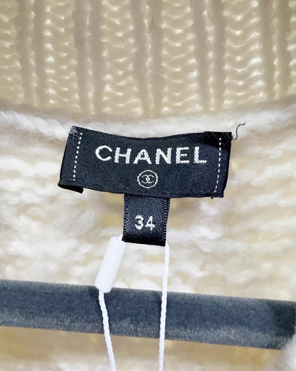 Chanel 21B Wool Cape-Collar Cable Cardigan Beige/Ecru FR 34