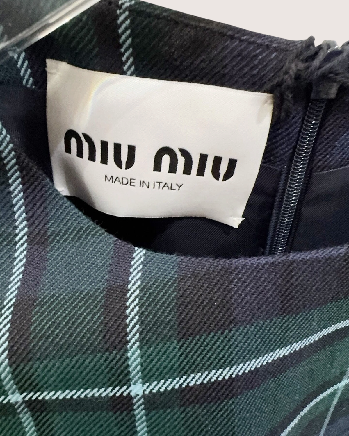 Miu Miu Wool Tartan Logo Mini Dress Navy, Green, Multicolor FR 36
