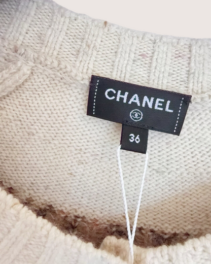 Chanel 25N Coco Neige Cashmere Deer Fair Isle Cardigan Beige/Ecru, Brown FR 36
