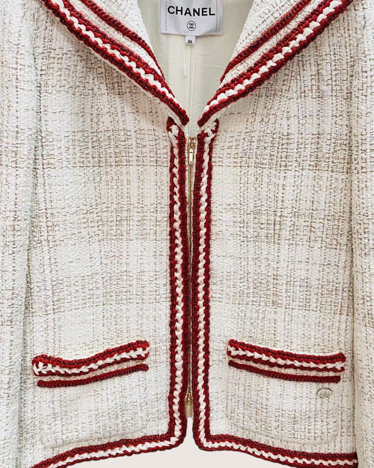 Chanel 18A Tweed Jacket Beige/Ecru, Red, White FR 36