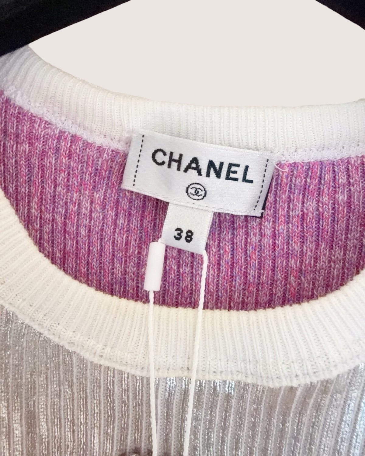 Chanel 25C Metallic CC Short-Sleeve Top Silver, Pink, White FR 38