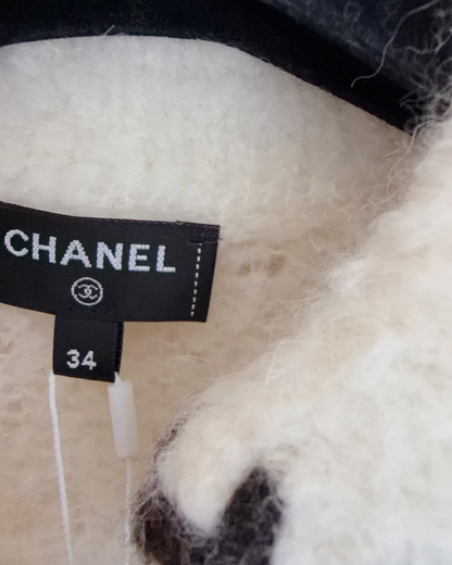 Chanel 25N Coco Neige Cashmere Blanket-Stitch Bow Short-Sleeve Sweater Beige/Ecru, Brown FR 34