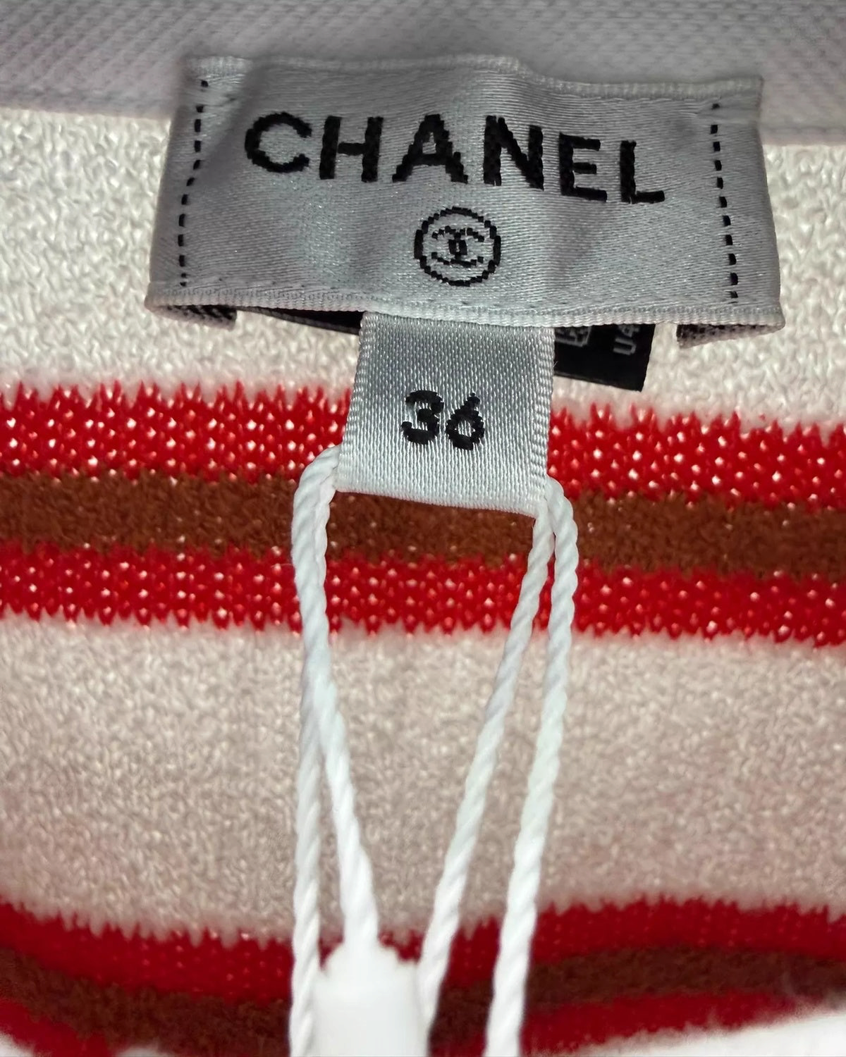 Chanel 26C Striped Short-Sleeve Polo Top White, Red, Brown FR 36