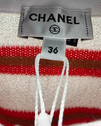 Chanel 26C Striped Short-Sleeve Polo Top White, Red, Brown FR 36