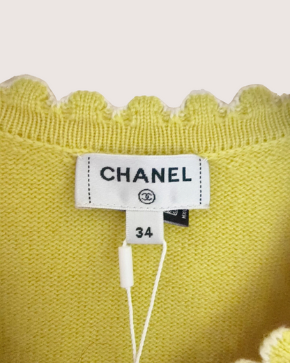 Chanel 25C Cashmere Scalloped Cardigan Yellow, White FR 34