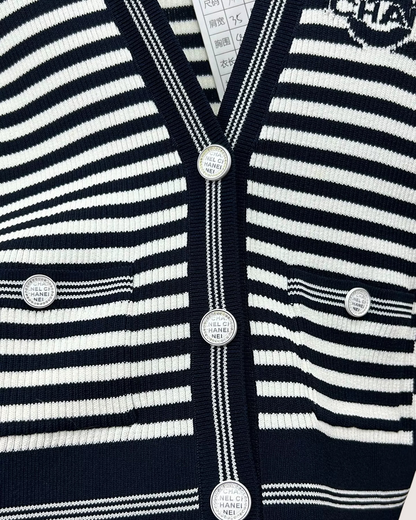 Chanel 23C Striped Cardigan Navy, White FR 34