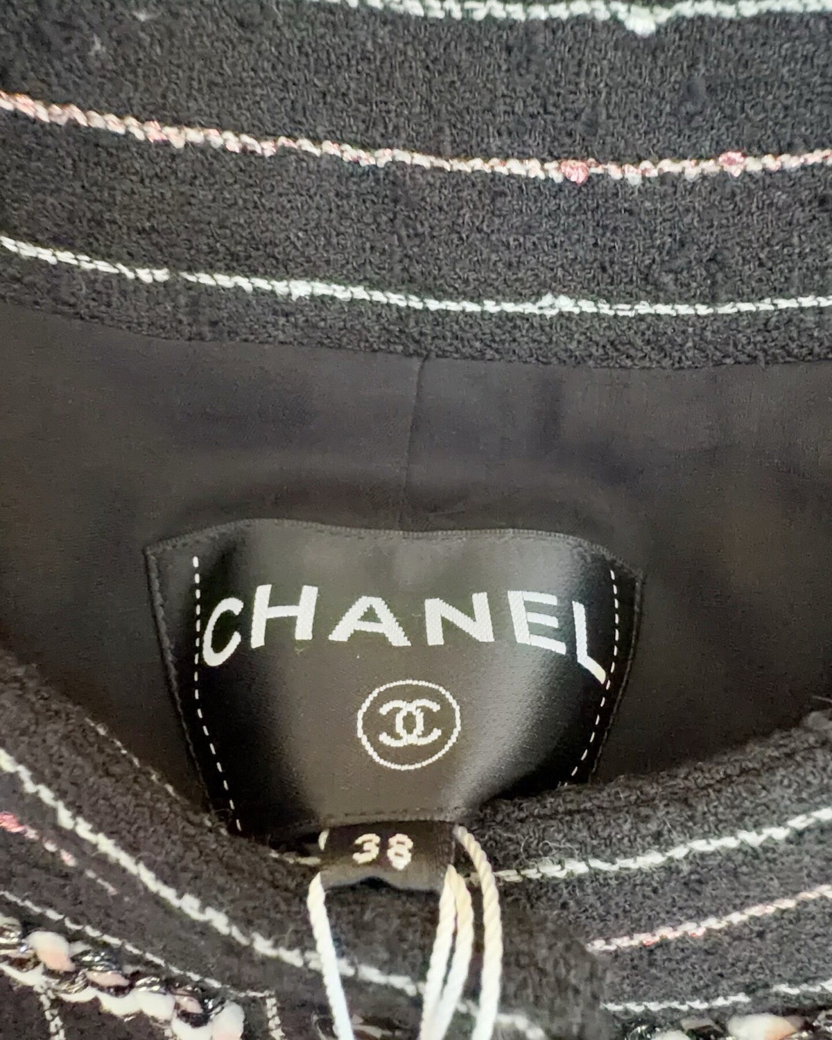 Chanel 23P Striped Tweed Jacket Black, White, Pink FR 38