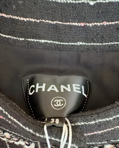 Chanel 23P Striped Tweed Jacket Black, White, Pink FR 38