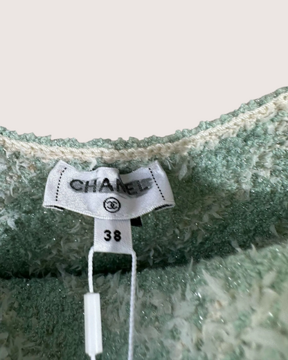 Chanel 23S Tweed Strappy Mini Dress Green, White FR 38