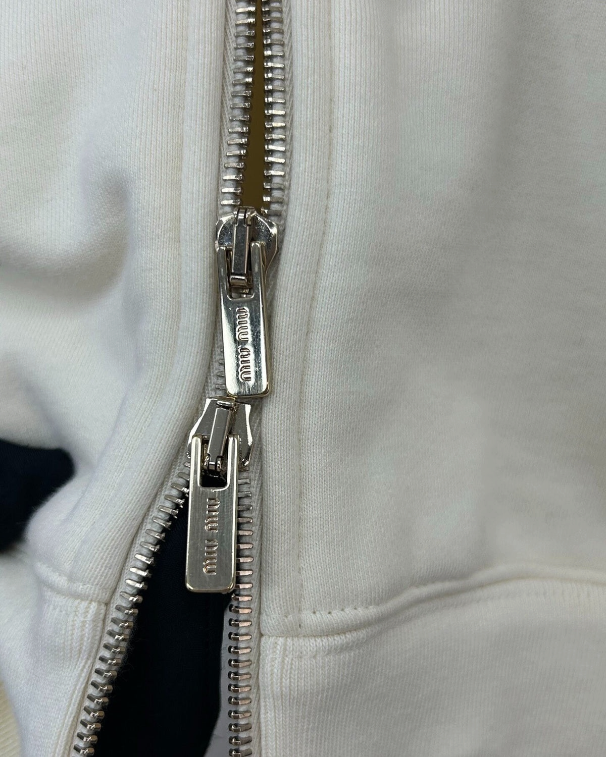 Miu Miu Embroidered Logo Zip-Up Hoodie Beige/Ecru FR 34