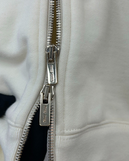 Miu Miu Embroidered Logo Zip-Up Hoodie Beige/Ecru FR 34