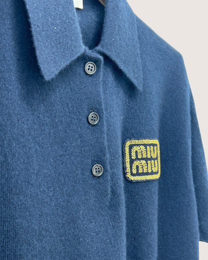 Miu Miu Cashmere Logo Polo Top Navy, Gold FR 34