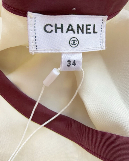Chanel 26P Contrast-Trim Top Beige/Ecru, Burgundy FR 34