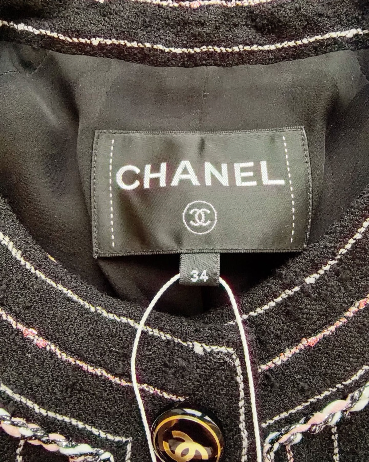 Chanel 23P Striped Tweed Jacket Black, White, Pink FR 34