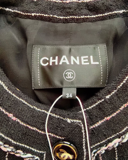 Chanel 23P Striped Tweed Jacket Black, White, Pink FR 34