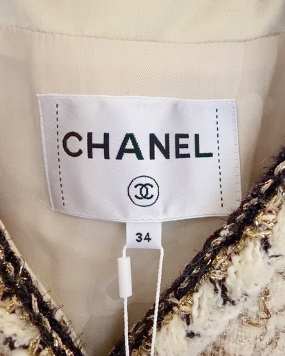 Chanel 25K Braided-Trim Plaid Tweed Vest Beige/Ecru, Brown, Gold FR 34